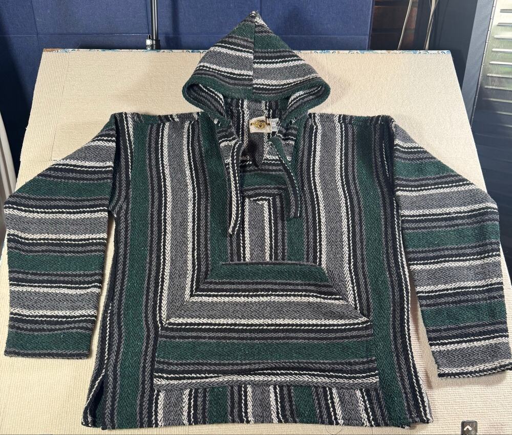 Vintage Earth Ragz Baja Hoodie Men's Large Green Gray Stripes Drug Rug Woven